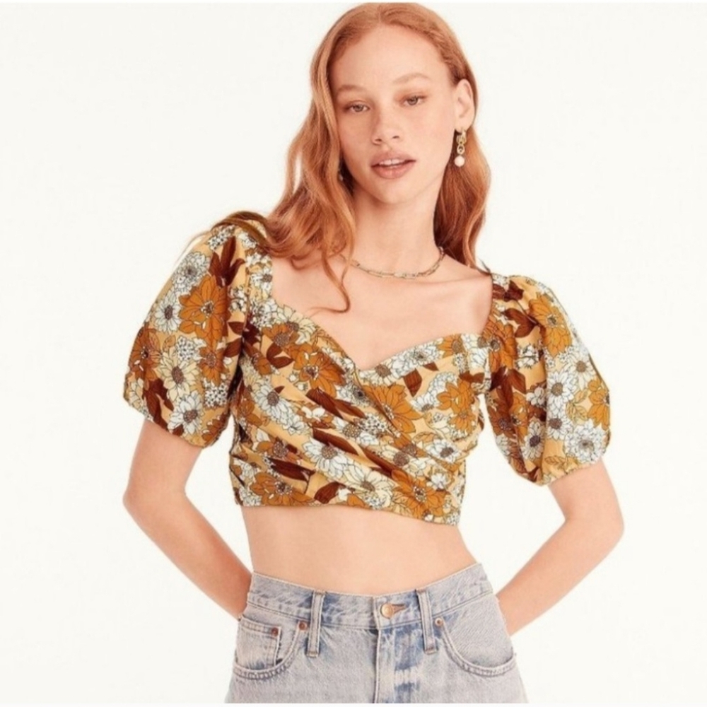 J. Crew Blouse Medium Brown Puff Short Sleeve Cotton Crop Top Zinnia Floral Boho